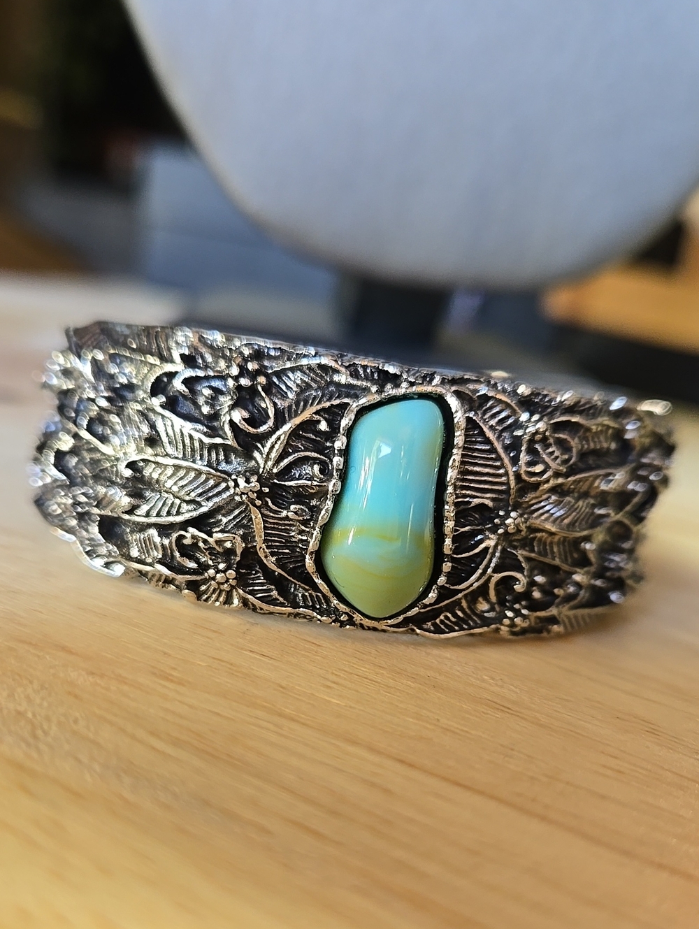 Silver Floral Cuff Bracelet with Turquoise Green Stone